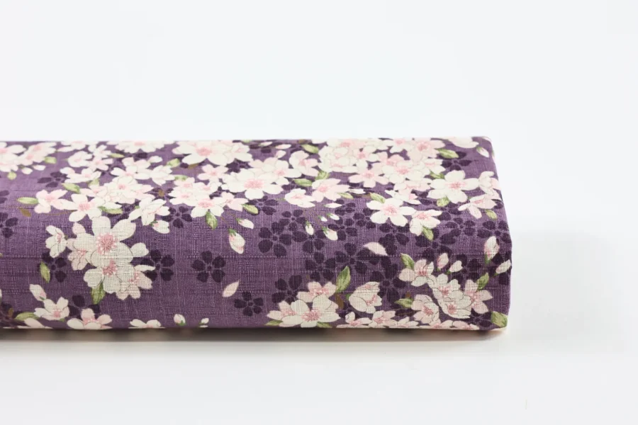 Tissu Japonais sakura hanami fond mauve, rouleau de tissu