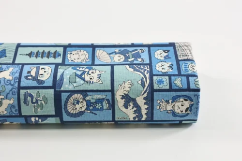 Tissu Japonais chats ukiyo-e fond bleu, rouleau de tissu