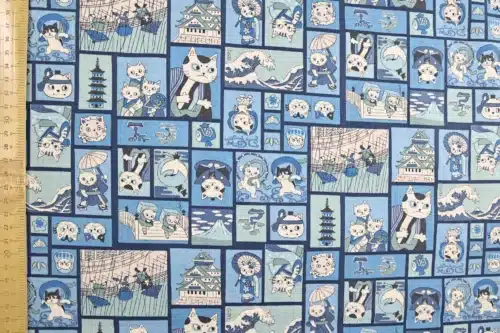Tissu Japonais chats ukiyo-e fond bleu, vue à plat avec la règle