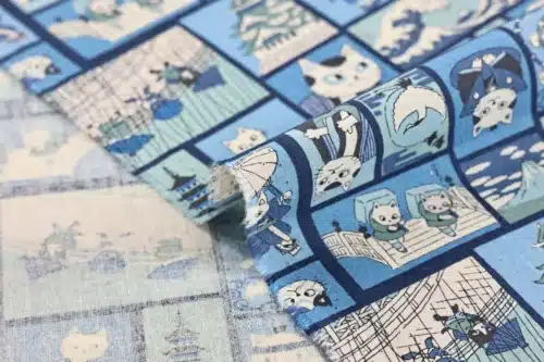 Tissu Japonais chats ukiyo-e fond bleu, détail du pli et de la lisière