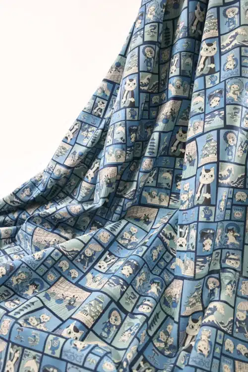 Tissu Japonais chats ukiyo-e fond bleu, drapé suspendu