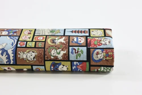 Tissu Japonais chats ukiyo-e fond marron, rouleau de tissu