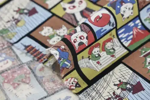 Tissu Japonais chats ukiyo-e fond marron, détail du pli et de la lisière