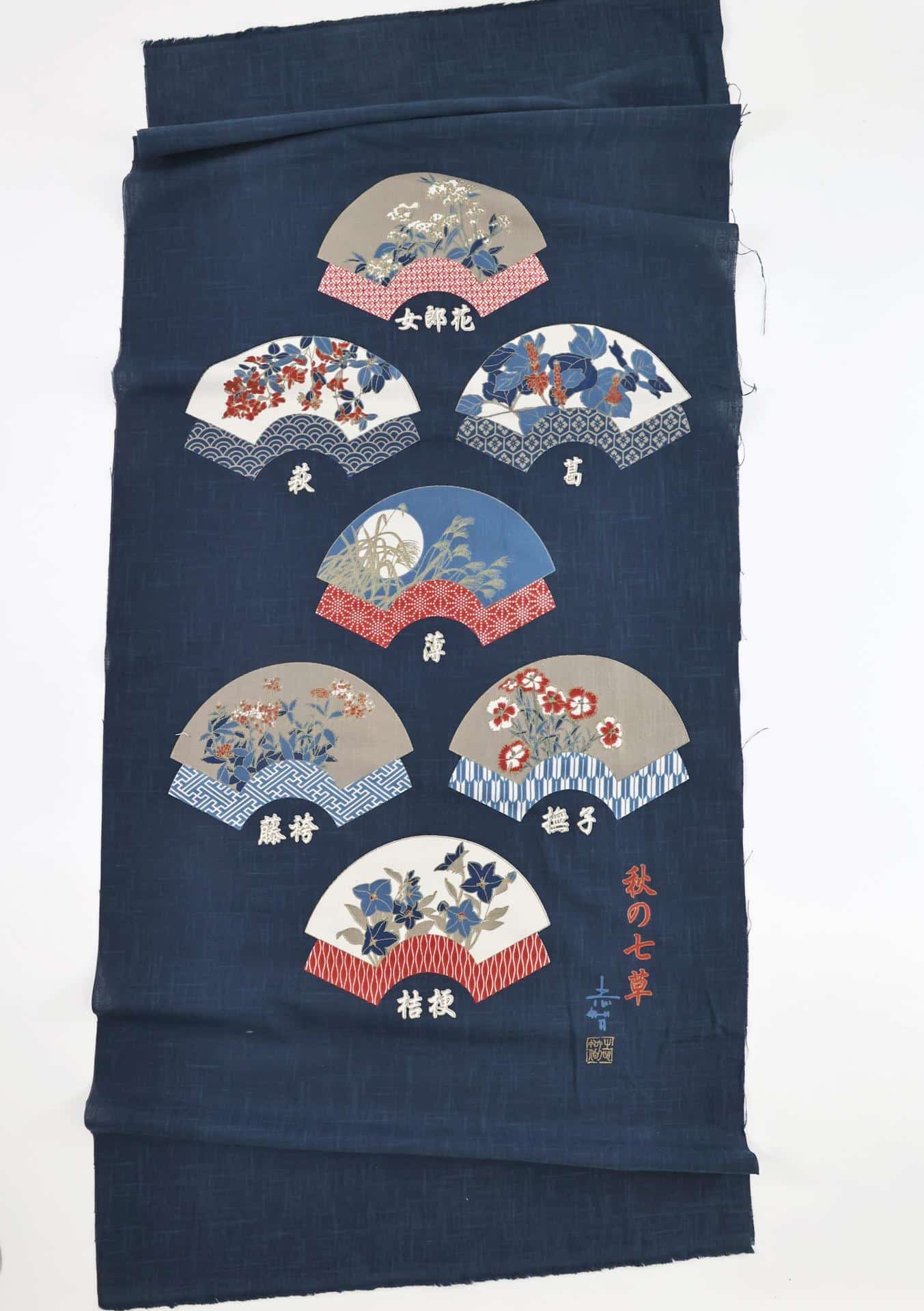 Tissu panneau japonais indigo aux éventails