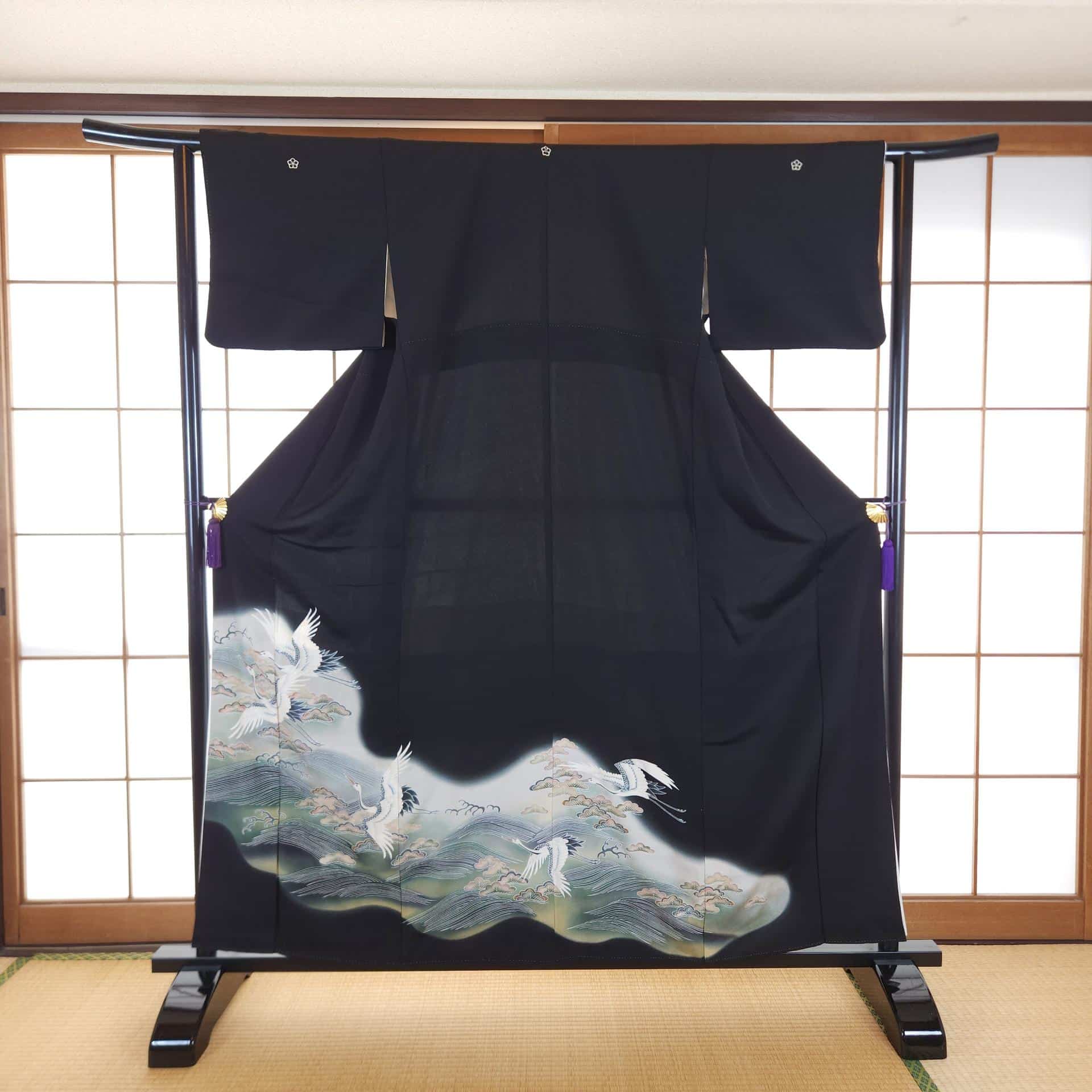 Kimono Kuro Tomesode Yuzen aux grues