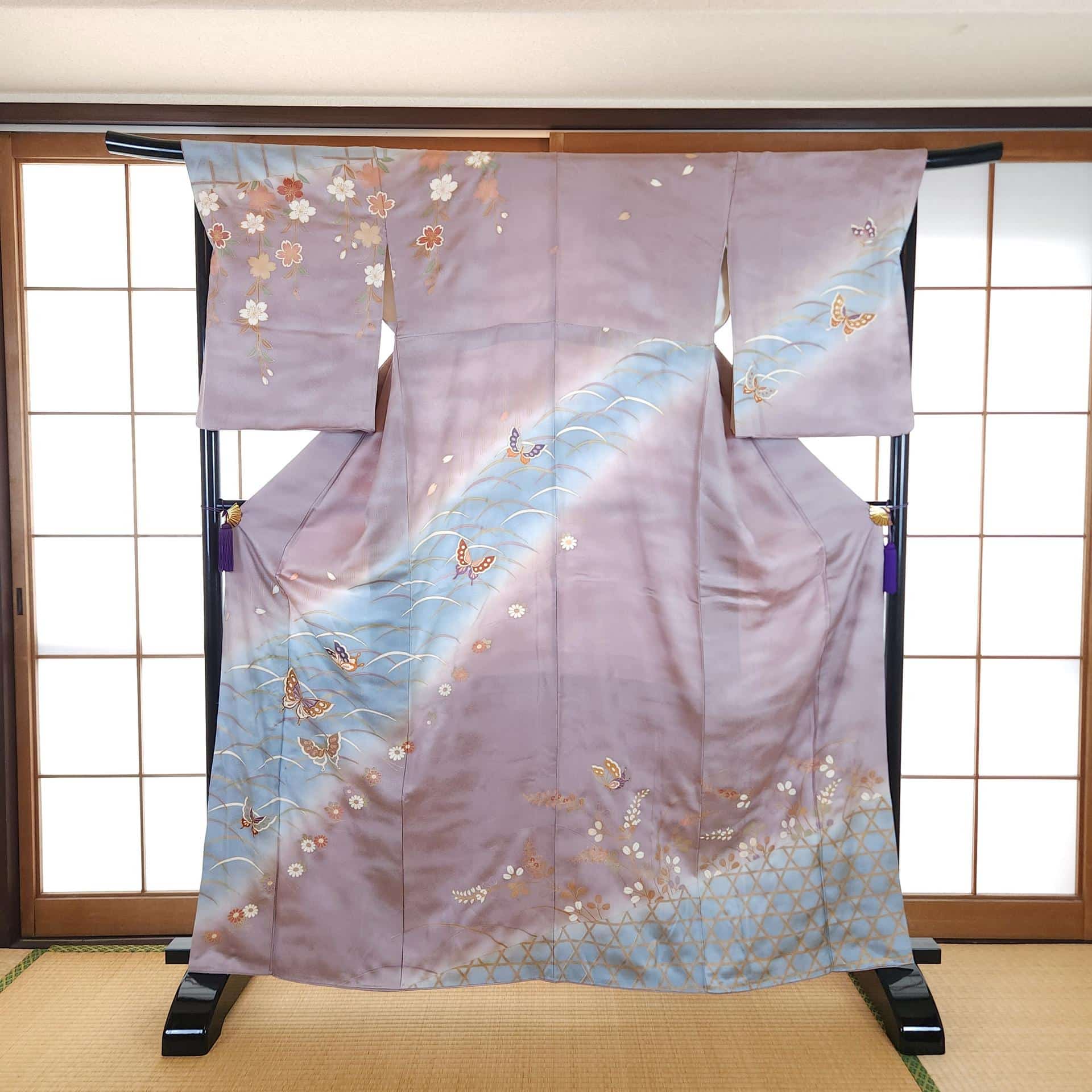 Mauve Yuzen Houmongi Kimono with butterflies and Sakura