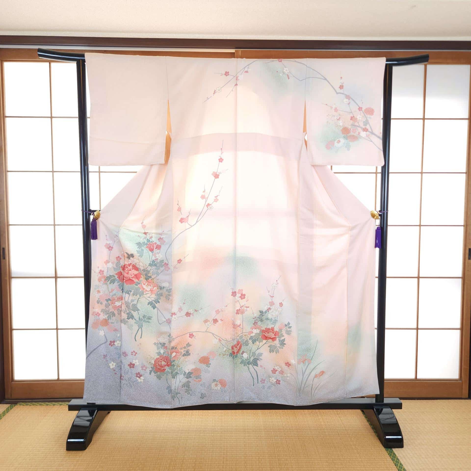 Pink Yuzen Houmongi Kimono with peonies and Ume