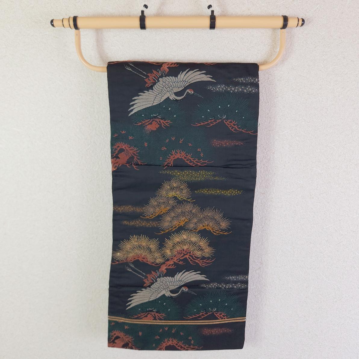 Vintage Nagoya Obi noir aux grues et pins